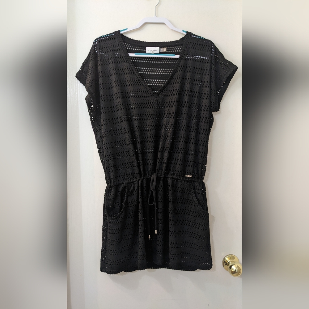 Calvin Klein Black Crochet Drawstring Beach Pool  V-Neck Cover Up Tunic L/XL